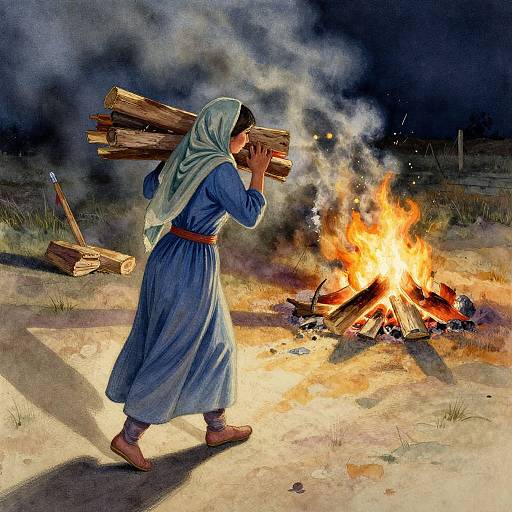 A woman in a blue dress and green headscarf carries firewood to a roaring campfire at night, with smoke and shadows. Photorealistic
