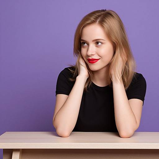 Shy Smiling Blonde Woman with Red Lipstick