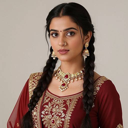Photograph of a young South Asian woman with dark hair in braids, wearing a red and gold embroidered traditional outfit, gold jewelry, and a nose