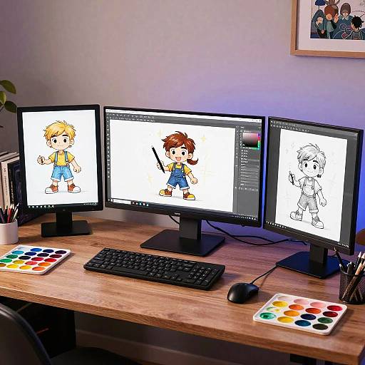 Photograph of a wooden desk with three monitors displaying cartoon characters, colorful paint palettes, keyboard, mouse, and a framed picture on a light blue