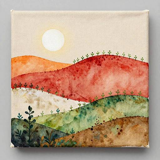 Watercolor Abstract Landscape with Sun