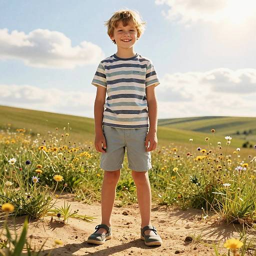 Photograph of a smiling young boy with blond hair, wearing a striped shirt, blue shorts, and sneakers, standing on a sunlit meadow path