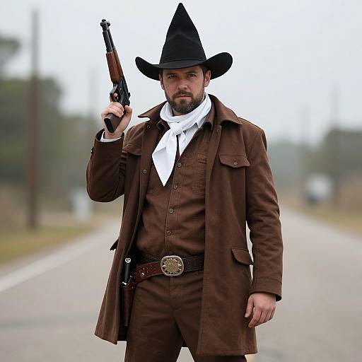 Photograph of a bearded man in a brown cowboy outfit, black hat, white scarf, holding a gun, standing on a rural road.
