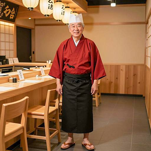 Elderly Japanese Chef in Traditional Restaurant