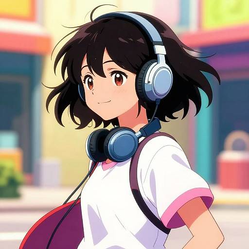 Anime-style digital drawing of a cute, black-haired girl with headphones, wearing a white shirt with pink trim, smiling in a colorful urban background.