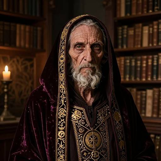 Photograph of an elderly man with a white beard, wearing an ornate, dark purple hooded robe with gold embroidery, in a dimly lit