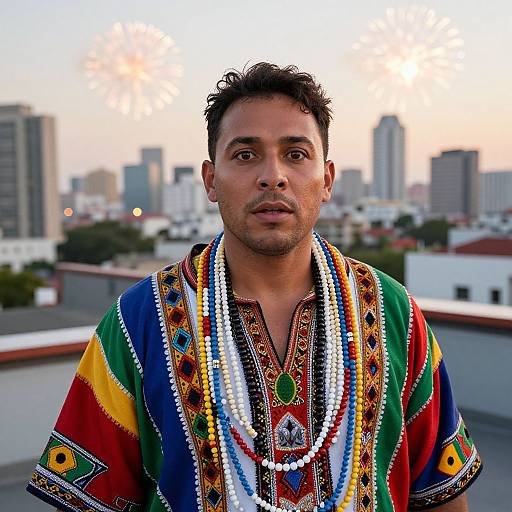 Photograph of a young man with short curly hair, wearing a colorful, patterned African-style shirt, standing on a rooftop with a cityscape in
