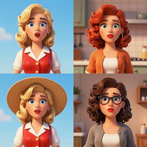 CGI collage of four animated women with large blue eyes, styled in 1950s and 2010s fashion, against blue and kitchen backgrounds