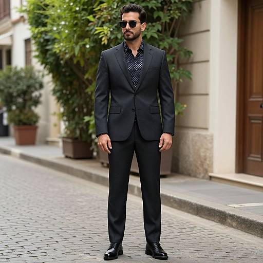 Photograph of a handsome, dark-haired man in a black suit, black polka dot shirt, and sunglasses standing on a cobblestone street with