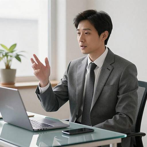 Focused Businessman Gesturing at Glass Desk