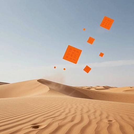 Photograph of a desert with rippled sand dunes under a clear blue sky, featuring six floating orange square patterns.