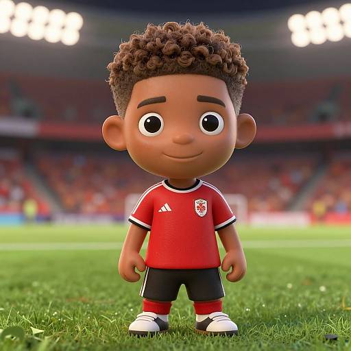 CGI cartoon of a curly-haired, dark-skinned boy in a red England football jersey, black shorts, and white socks, standing on a green