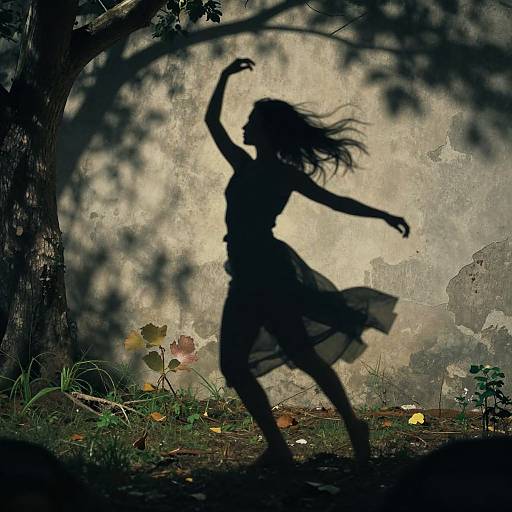 Silhouetted woman dancing in shadowy forest, her flowing dress and raised arm contrasting against a textured, weathered wall background. Digital artwork.