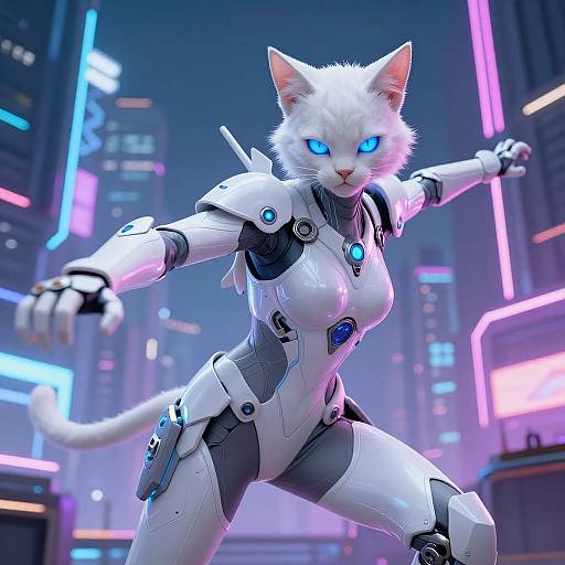 CGI image of a white, robotic, glowing-blue-eyed catwoman with cybernetic armor, in a neon-lit futuristic cityscape, striking