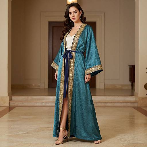 Photograph of a brunette woman with long wavy hair, wearing a blue silk robe with gold trim, white top, and gold heels, standing in
