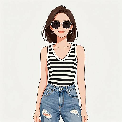 Digital illustration of a young woman with short black hair, wearing black-and-white striped tank top, blue distressed jeans, and round sunglasses, smiling against a