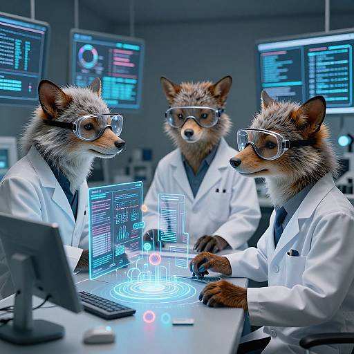 Photograph-style CGI of three anthropomorphic foxes in white lab coats, wearing goggles, working in a high-tech lab with glowing screens.