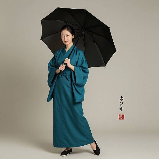 Photograph of an Asian woman in a teal kimono holding a black umbrella, standing on white background, with Japanese calligraphy and red stamp.