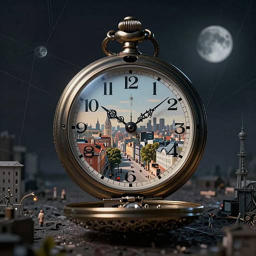 Photorealistic digital art: giant pocket watch with cityscape inside, moonlit night sky, tiny people, buildings, and railroad tracks in foreground.