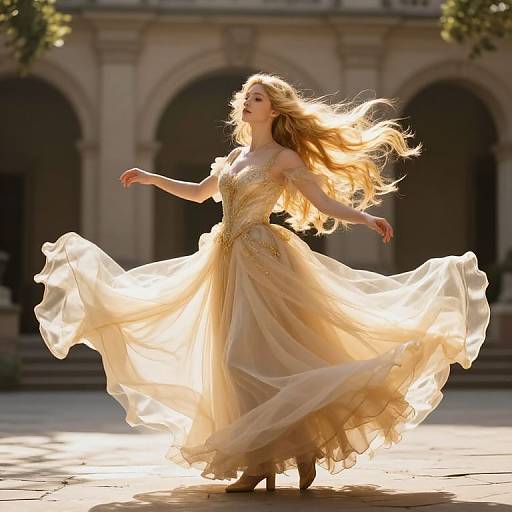 Photograph of a blonde woman in a flowing, golden ball gown, dancing in sunlight with her dress billowing, in front of an arched,