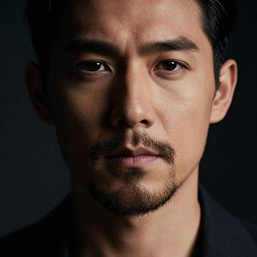 Close-up photograph of a man with medium skin tone, short dark hair, thin mustache, and goatee, against a dark background.