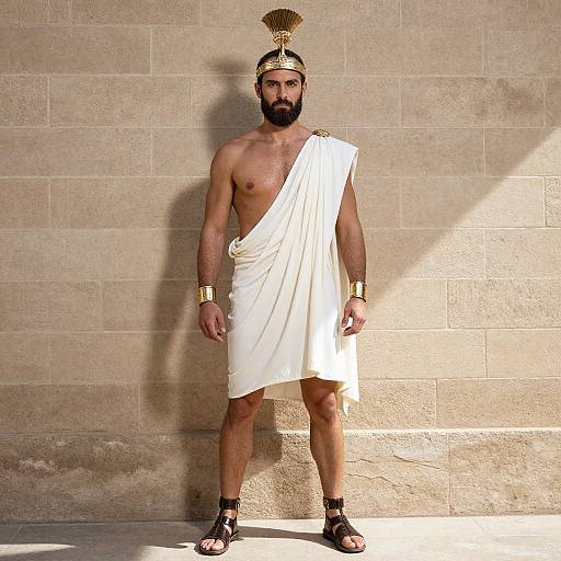 Photograph of a muscular, bearded man with a dark beard, wearing a white toga, gold armlets, sandals, and a Greek-style
