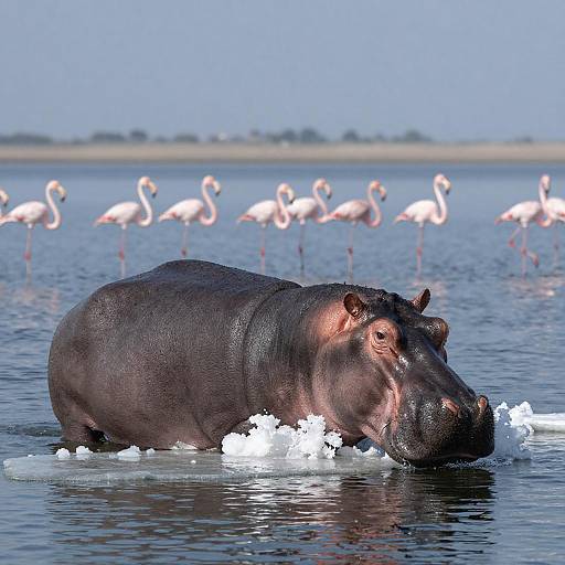 Hippo and Flamingos in Serene Landscape