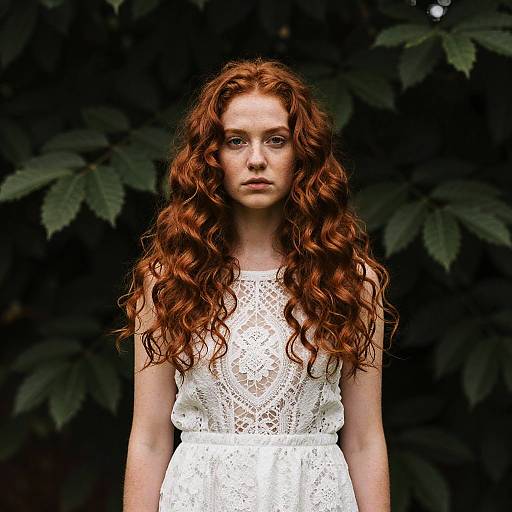 Young Woman with Curly Red Hair in White Lace Dress