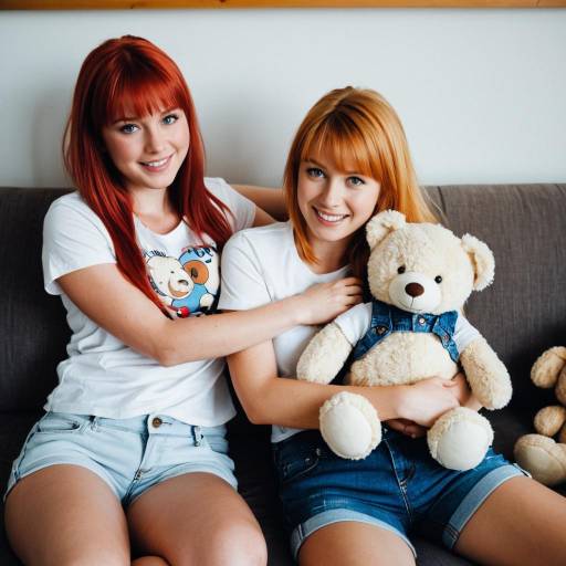 Two Young Women with Teddy Bear on Couch