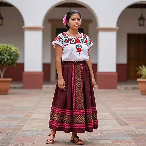 Young Woman in Traditional Mexican Attire in Courtyard