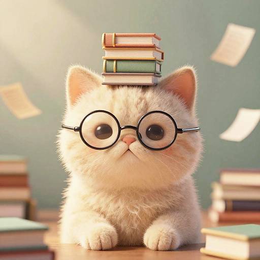 Kawaii Cat with Books and Glasses