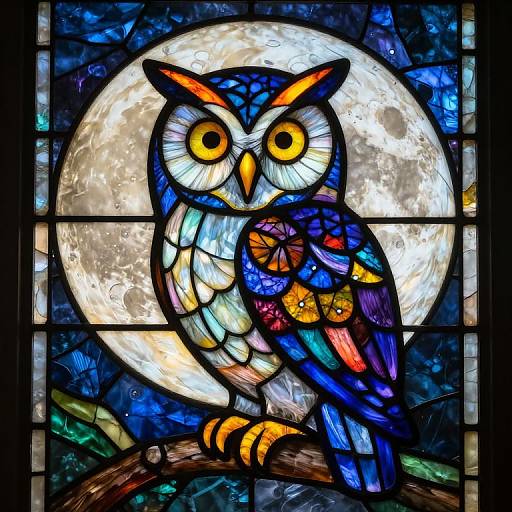 Vibrant stained glass artwork of a multicolored owl with yellow eyes perched on a branch, against a full moon.
