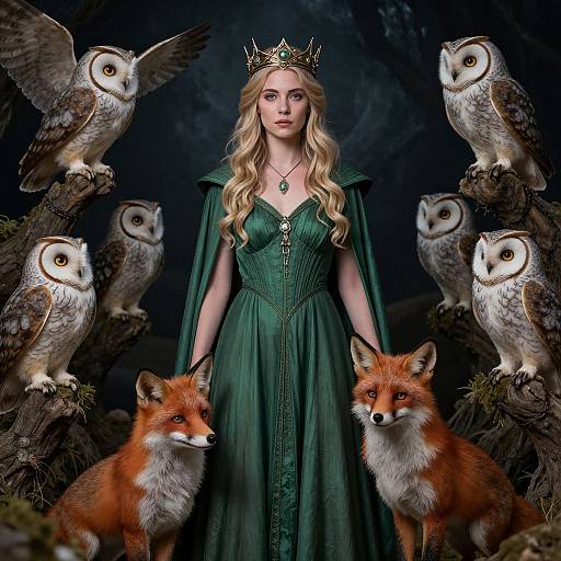 Photograph of a blonde woman in a dark green, medieval-style dress, crowned with a golden tiara, flanked by owls and foxes