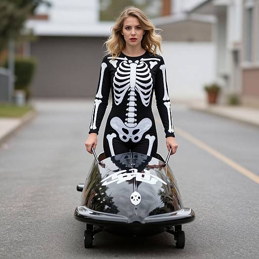Photograph of a blonde woman in a black skeleton costume, riding a black go-kart with white skeleton designs, down a suburban street.