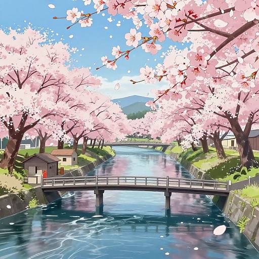 Cherry Blossom River with Bridge