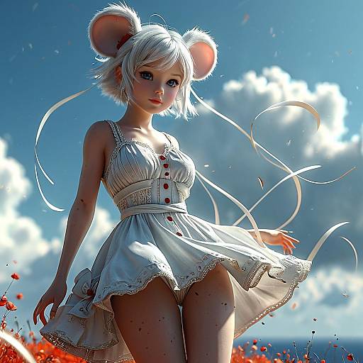 Digital artwork of an anime-style white-haired mouse girl with large ears, wearing a lacy white dress, standing in a sunlit field with red flowers