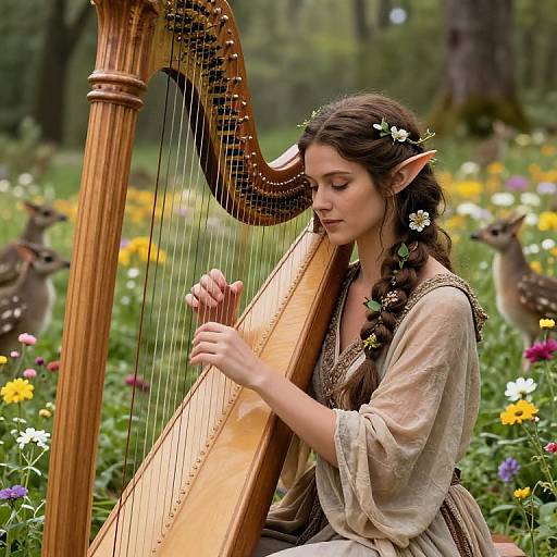 Elven woman with long brown hair and flower crown plays wooden harp in a colorful meadow, surrounded by deer. Digital art.