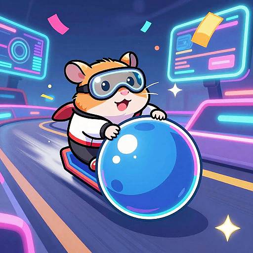 Cute cartoon hamster wearing goggles and red backpack rides a blue ball through a neon-lit, futuristic road with glowing screens.