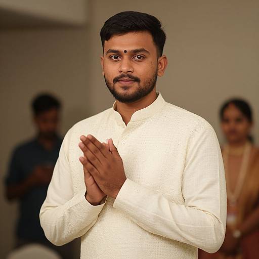 Photograph of a bearded Indian man with dark skin, short black hair, and a white traditional long-sleeve kurta, clasping hands