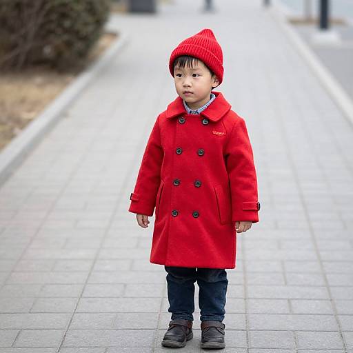 Young Boy in Red Coat and Hat