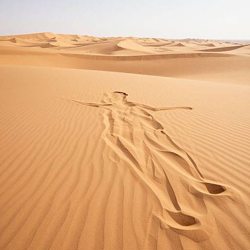 Photograph of a sunlit desert with rippled sand dunes, featuring deep, winding footprints stretching from the bottom center to the top, under