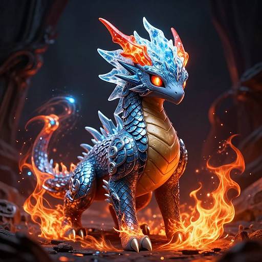 Digital artwork of a blue, metallic dragon with glowing red eyes and fiery orange accents, standing amidst flames, with a dark, smoky background.