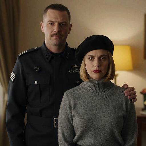 Serious Couple in Military-Themed Room