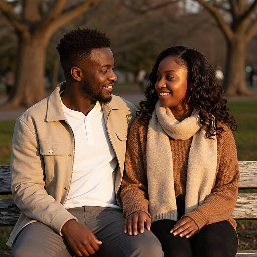 Photograph of a smiling Black couple sitting on a wooden bench in a park, both wearing cozy fall attire with scarves.