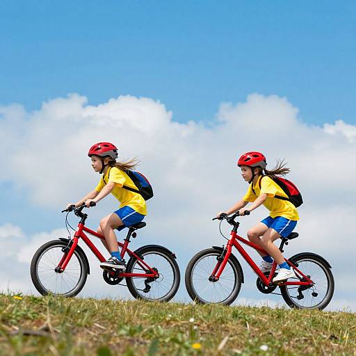 Photograph of two young girls in yellow shirts and blue shorts, riding red bicycles uphill on a grassy hill, wearing red helmets, against a bright