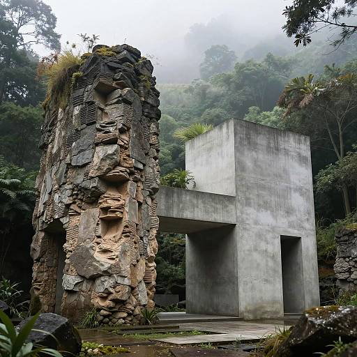 Photograph of a modern concrete structure with a weathered, rocky, ruin-like tower, surrounded by lush, misty forest, blending architecture with nature