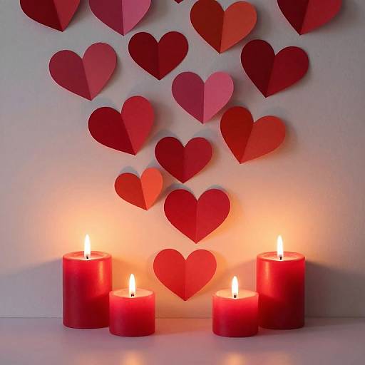 Photograph of red paper hearts on a white wall, with four red candles lit below, casting warm light and shadows.