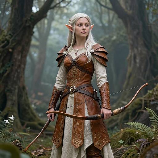 Digital art of a white-haired, elven archer in brown and beige medieval armor, standing in a misty forest, holding a bow with a