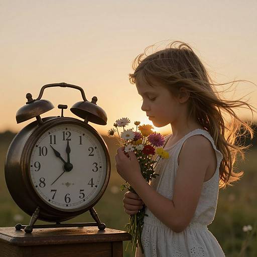 Photograph: Young girl with long, wind-swept blonde hair, wearing a white sleeveless dress, holding a bouquet of wildflowers, stands