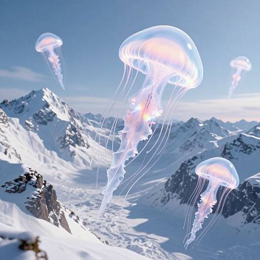 Surreal Snowy Mountains with Jellyfish